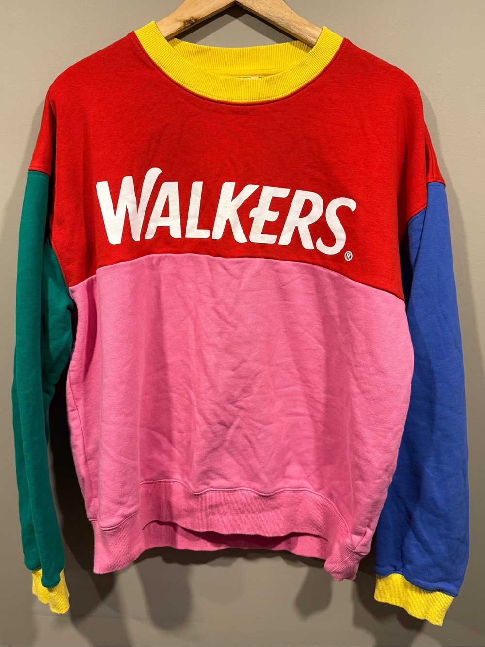 Walkers UK logo Colorblock Crewneck Sweater - Pink/Red with Blue & Green Sleeves